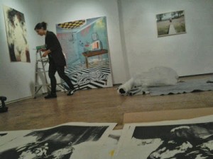 Students installing their work at Slideshow.